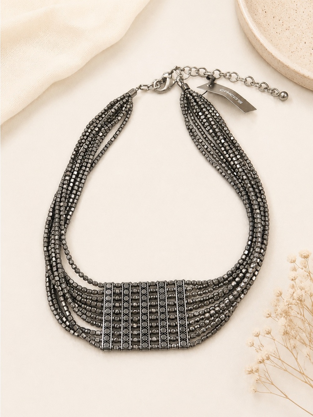 Chico's Hematite Multi-Strand Beaded Statement Necklace vintage inspired glam